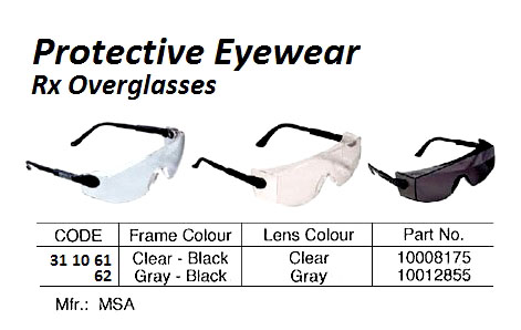 EYEWEAR PROTECTIVE CLEAR MSA, F/PRESCRIPTION GLASS 10008175