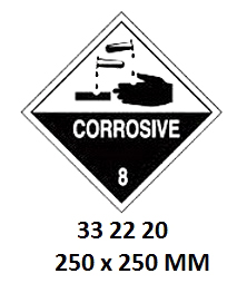 HAZARD WARNING DIAMOND #2220LL, CLASS 8 CORROSIVE 250X250MM
