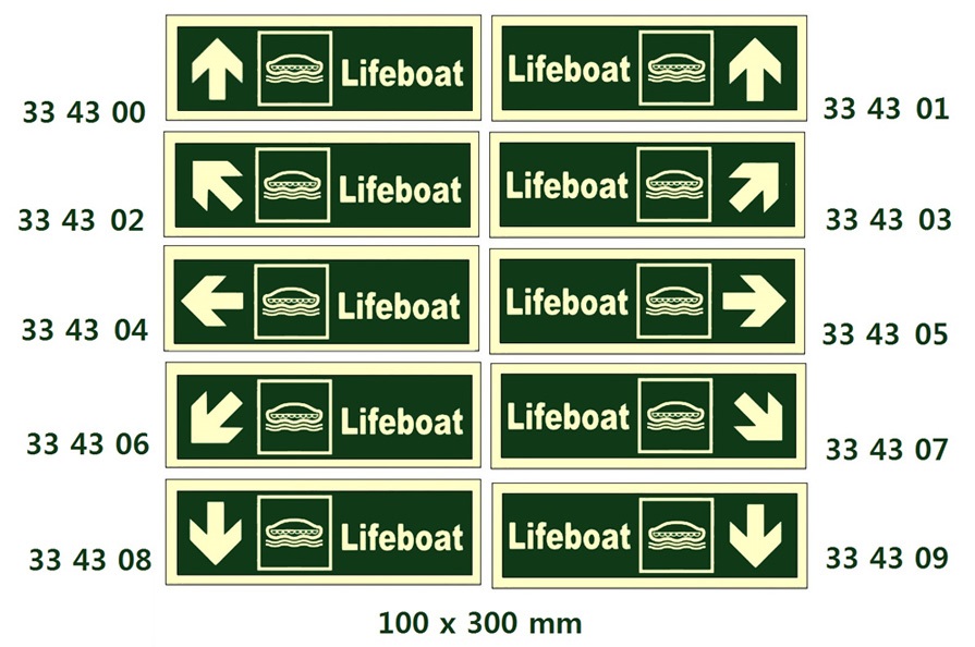 DIRECTION SIGN ARROW 45DEG, DOWN(L)/LIFEBOAT 100X300MM