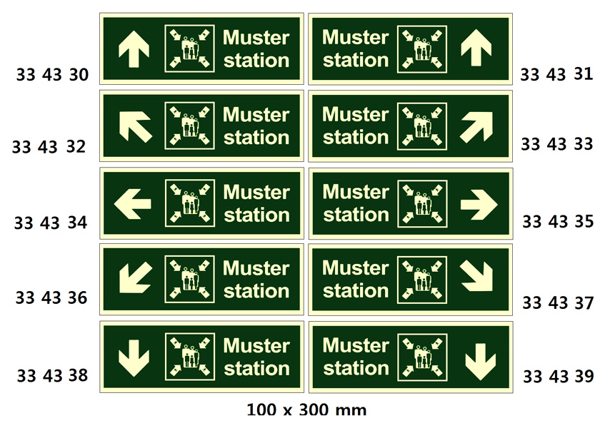 DIRECTION SIGN ARROW 45DEG UP, (L)/MUSTER STATION 100X300MM