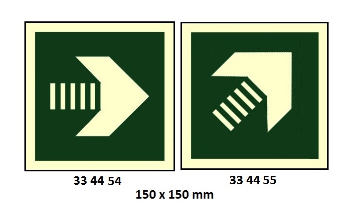 SAFETY SIGN ARROW 45DEG UP (R), SECOND. ESCAPE ROUTE 150X150MM