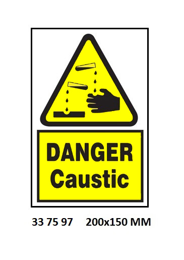 SIGN WHITE VINYL SELF ADHESIVE, #7597 200X150MM DANGER CAUSTIC