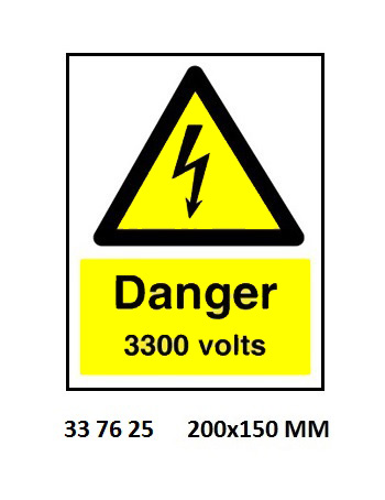 SIGN WHITE VINYL SELF ADHESIVE, 7625 200X150MM DANGER 3300VOLT