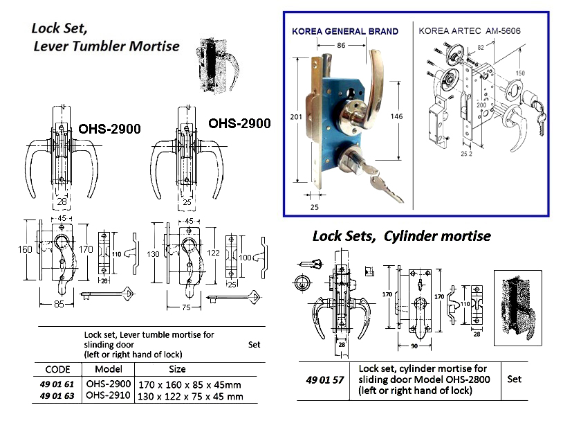 LEVER TUMBLER MORTISE LOCK, FOR SLIDING DOOR OHS#2910