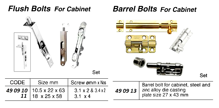 BARREL BOLT FOR CABINET, PLATE SIZE 27X43MM