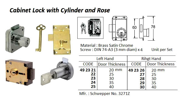 LOCK CABINET W/CYLINDER #3271Z, DOOR TH 20MM BACKSET 20MM LEFT