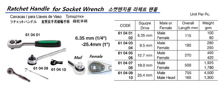 RATCHET HANDLE FEMALE, 12.7MM/SQ DRIVE 270MM
