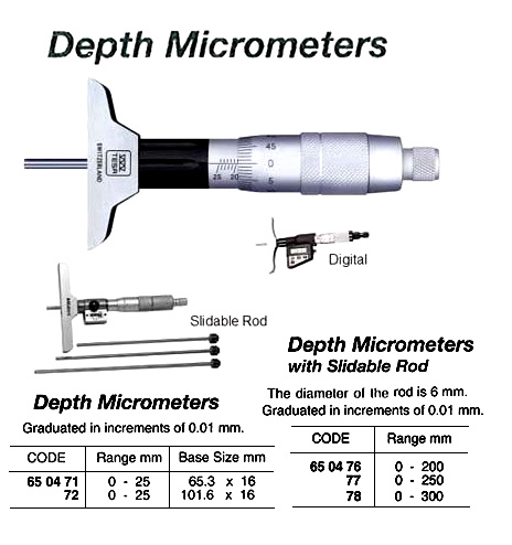 MICROMETER DEPTH 0-25MM, IN 0.01MM BASE WIDTH 101.6MM