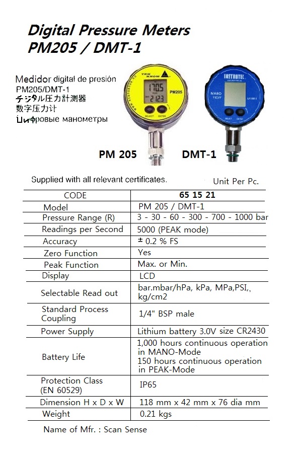 PRESSURE METER DIGITAL, 1-1000BAR SCANSENSE P205