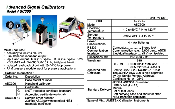 SIGNAL CALIBRATOR ADVANCED, AMETEK ASC300 W/NIST CERT