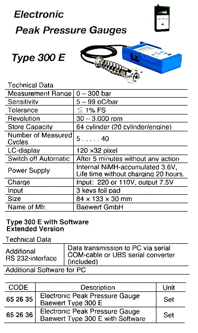 PEAK PRESSURE GAUGE ELECTRONIC, BAEWERT 300E 300BAR 30-3000RPM
