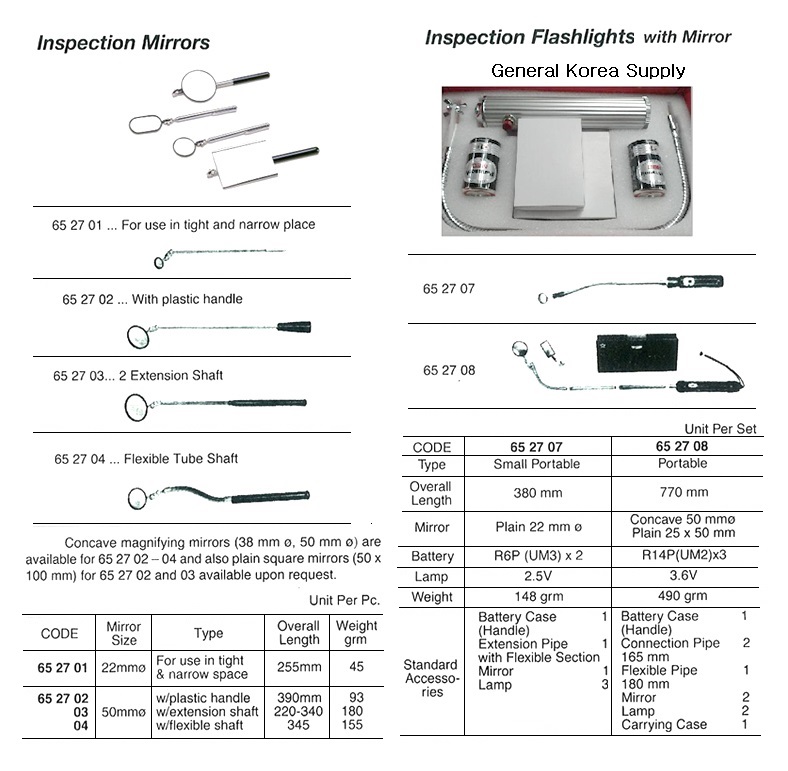 INSPECTION FLASHLIGHT W/MIRROR, PORTABLE 770MM LENGTH