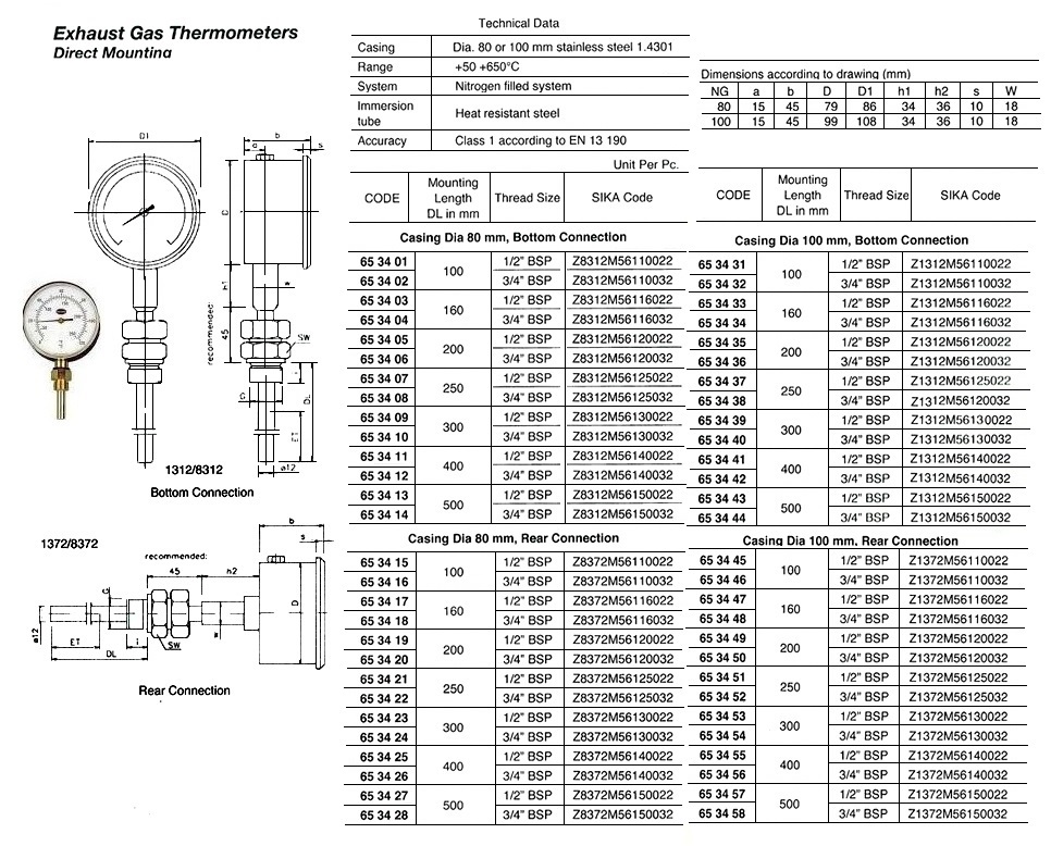 THERMOMETER EXHAUST GAS DIRECT, DIA100MM BOTTOM MOUNT160MM 1/2
