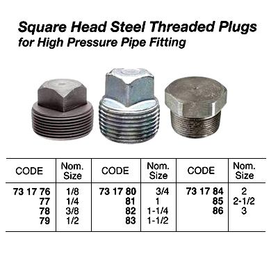 PLUG SQUARE HEAD STEEL 1, THREADED FOR H.P. PIPE FITTING