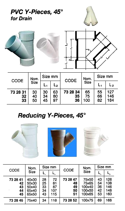Y-PIECE PVC 45DEG FOR DRAIN, SIZE 100