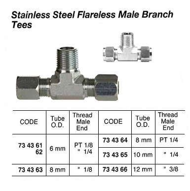 BRANCH TEE MALE FLARELESS, STAINLESS STEEL 10MMXPT1/4