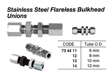 UNION BULKHEAD STAINLESS STEEL, FLARELESS 10MM