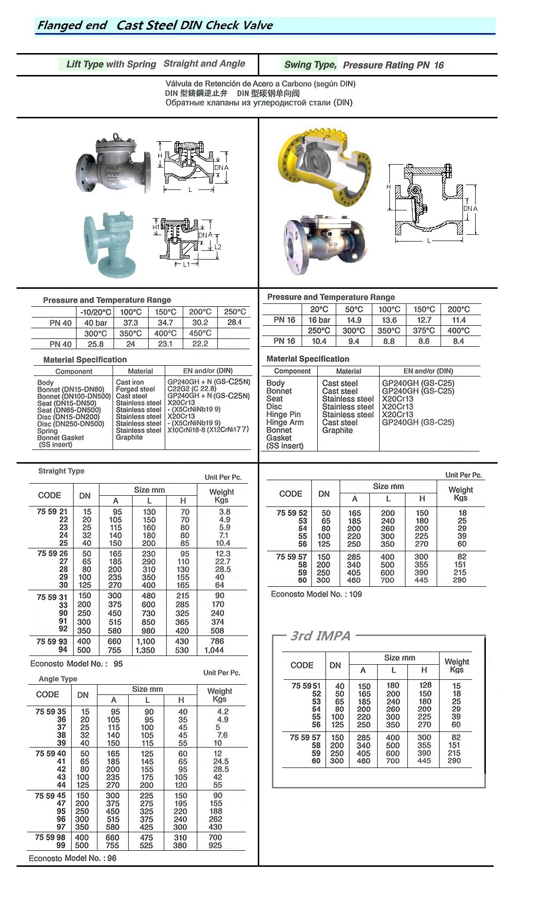 CHECK VALVE DIN CAST STEEL, FLANGED SWING PN16 #109 DN 100