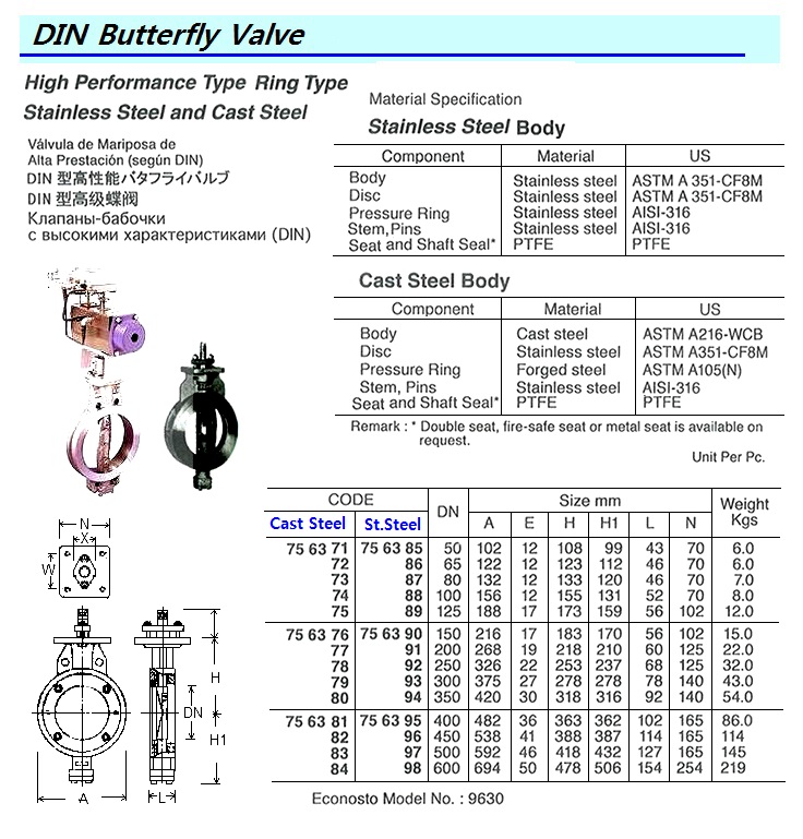 BUTTERFLY VALVE DIN HI-PERFORM, CAST STL 9630 PTFE SEAT DN 100
