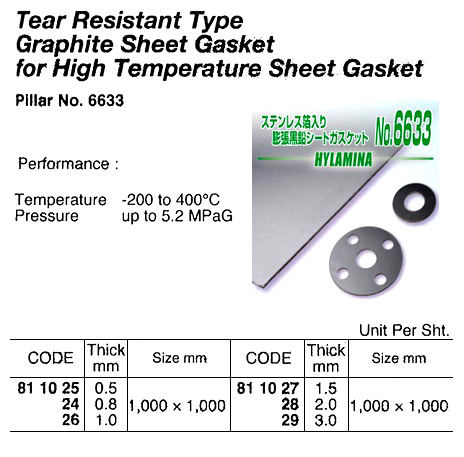 JOINT SHEET GRAPHITE HIGH TEMP, PILLAR NO.6633 0.5X1000X1000MM