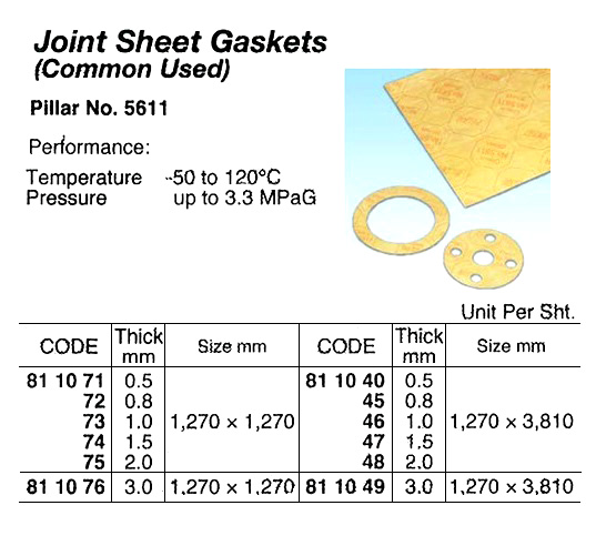 JOINT SHT GASKET PILLAR #5611, NON-ASBESTOS 0.5X1200X1200MM